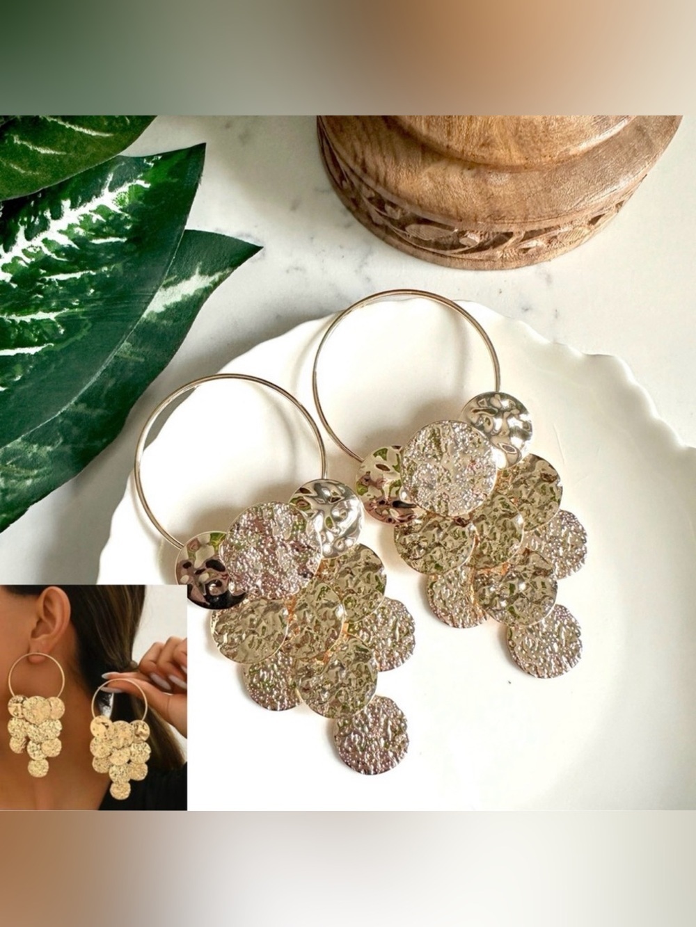 2/$30🌵 Gold Tone Hammered Coin Cascade Chandelier Earrings Hoop Circle NEW Gift